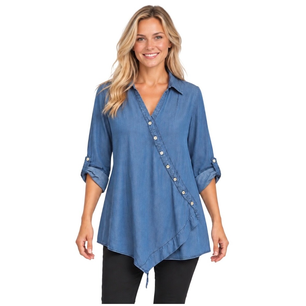 Soft Surroundings Tencel Lyocell Asymmetrical Button Tunic Top PXL Blue Denim